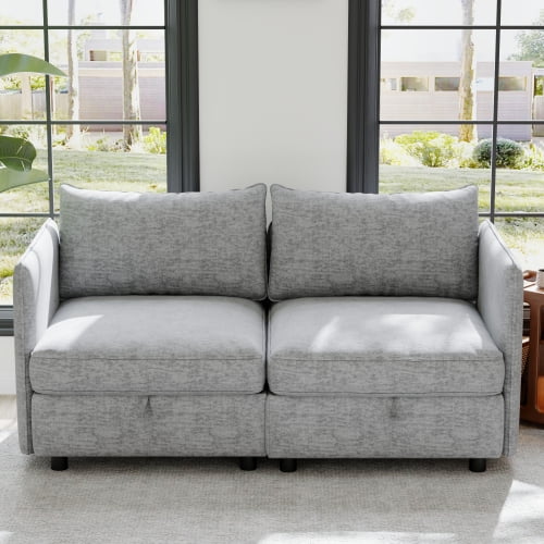 68" Breathable Fabric Deep Seat Loveseat Chaise Lounge, Loveseat Sleeper with Storage, Plush Loveseat Chaise Lounge Indoor with Wood Frame for Living Room and Dorm, Grey