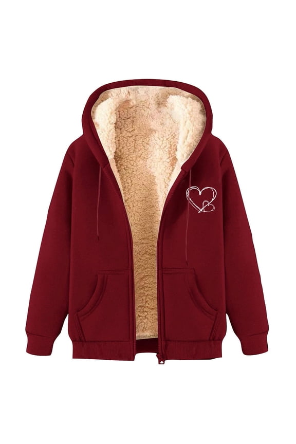 Uaswgudfs Women's Fleece-Lined Fall/Winter Hooded Jacket: Zip Closure w/ Heart Print & Functional Pockets