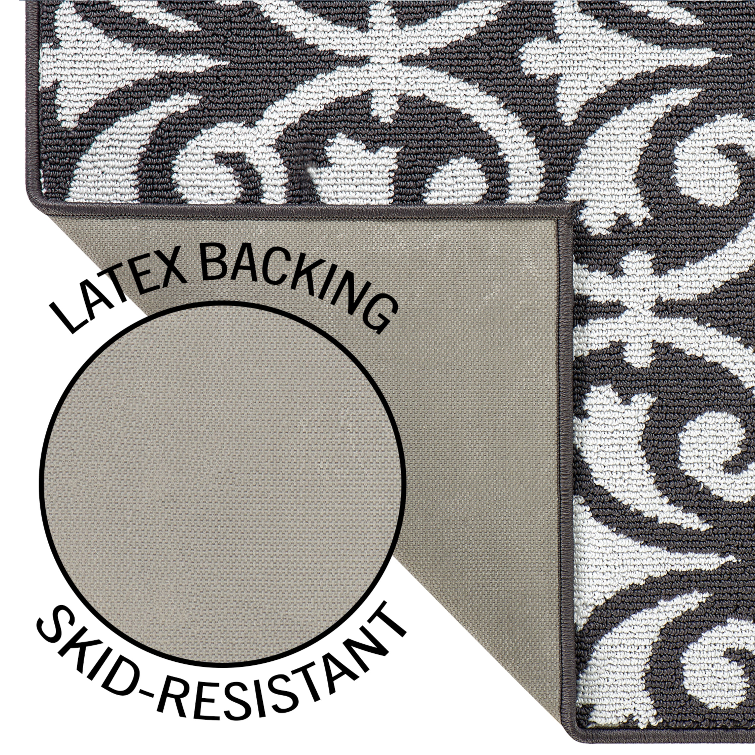 Washable Non-Slip Accent Rug, Floral Scroll, Dark Grey and White, 26" x 45"