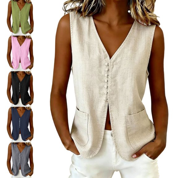 SwiftWear Women's Linen Blend Button Front Tank Top Vest V-Neck Sleeveless Overshirt with Pockets, Lightweight Summer Outerwear​