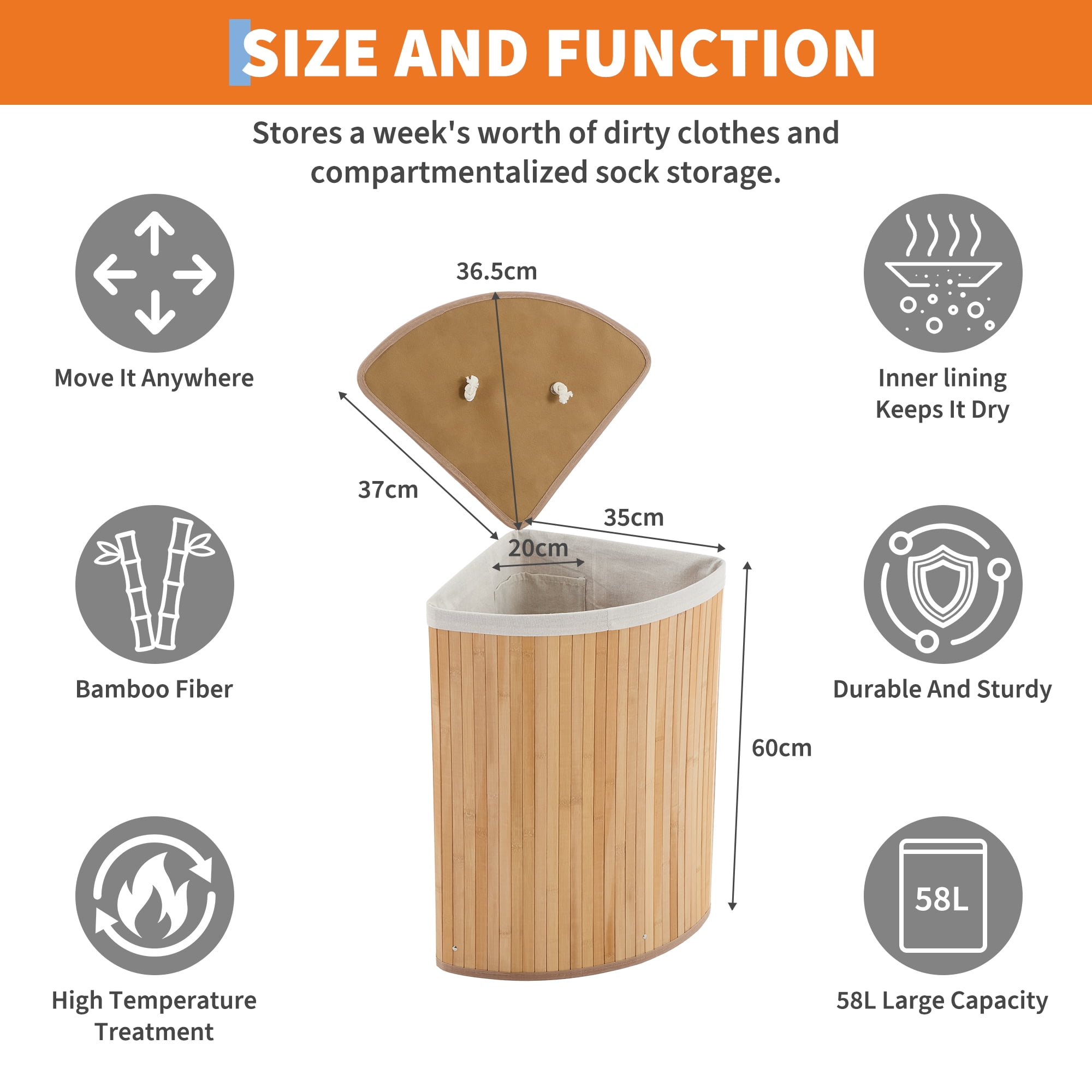 Corner Laundry Hamper with Lid, 19 Gallon/73 Liter Large Foldable Bamboo Laundry Basket with Washable Liner Bag, Wicker Clothes Hamper for Bedrooms Bathrooms Apartments, Natural