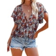 thumbnail image 1 of Blusa estampada para mujer, con botones, manga corta, cuello en V, blusa informal con estampado elegante para el trabajo, fiesta diaria, colorida XXL, 1 of 6