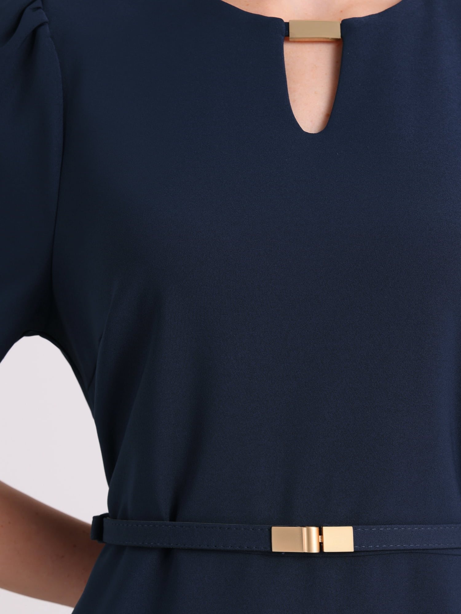 DARING DIVA Women's Choker V Neck Short Sleeve Belted Elegant Dress M Navy Blue