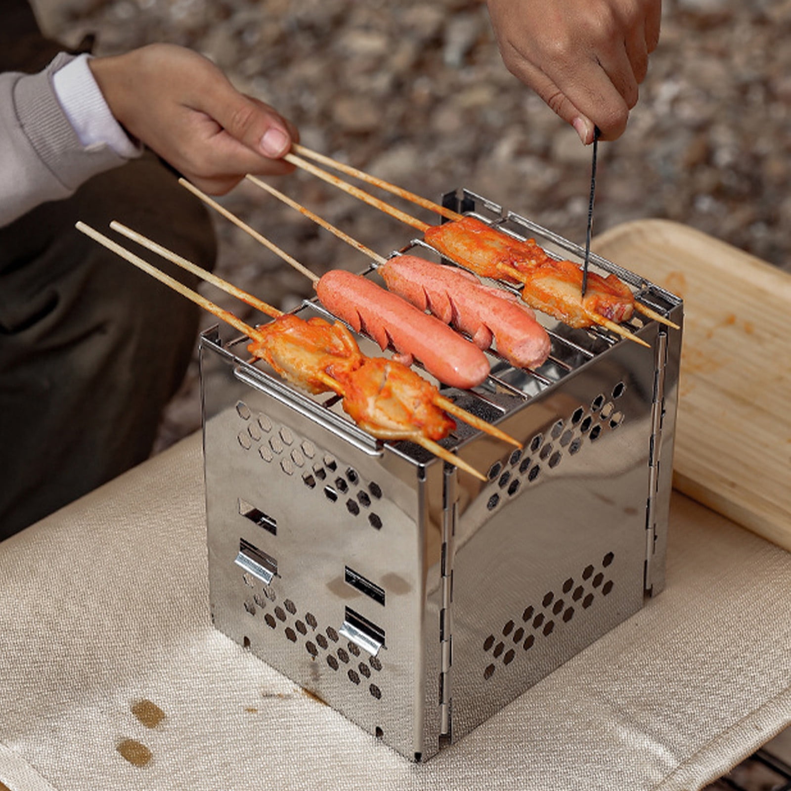 Yooshoverk Wood Burning Camping Stove, Portable Folding Stainless Steel Stove, 7.48 x 7.28 x 5.91 Inches, Multi-Function Cooking Stove with Carry Bag for Hiking, Backpacking & BBQ
