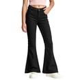 thumbnail image 3 of Xaqiouau Girls Flare Leg Pants Slim Fit Solid Color Casual Trousers Button Front Mid Rise Bell Bottom Jeans Style Kids Fashionable Everyday Wear Black 7-8 Years, 3 of 8