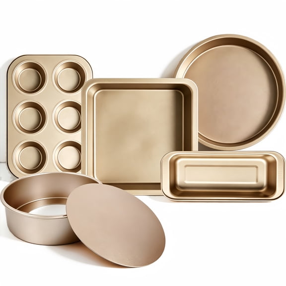 5-Piece Gold Carbon Steel Non-Stick Baking Pans Set, Oven Safe Bakeware with Cookie Sheet, Cake Pan, Loaf Pan, Muffin Pan & Square Dish for Baking Cakes, Cookies & Bread