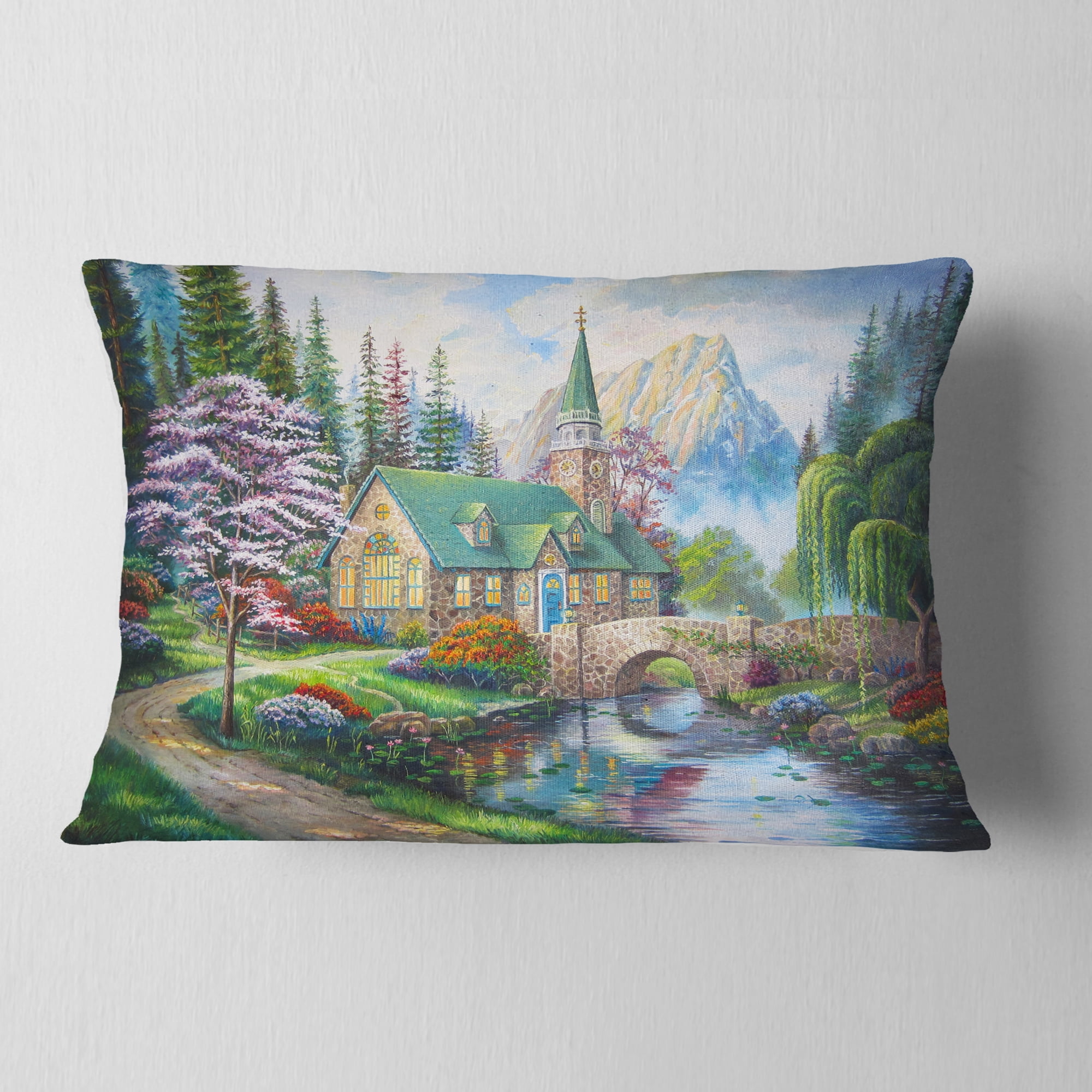 Designart Church in Forest Oil Painting - Landscape Painting Throw Pillow - 12x20