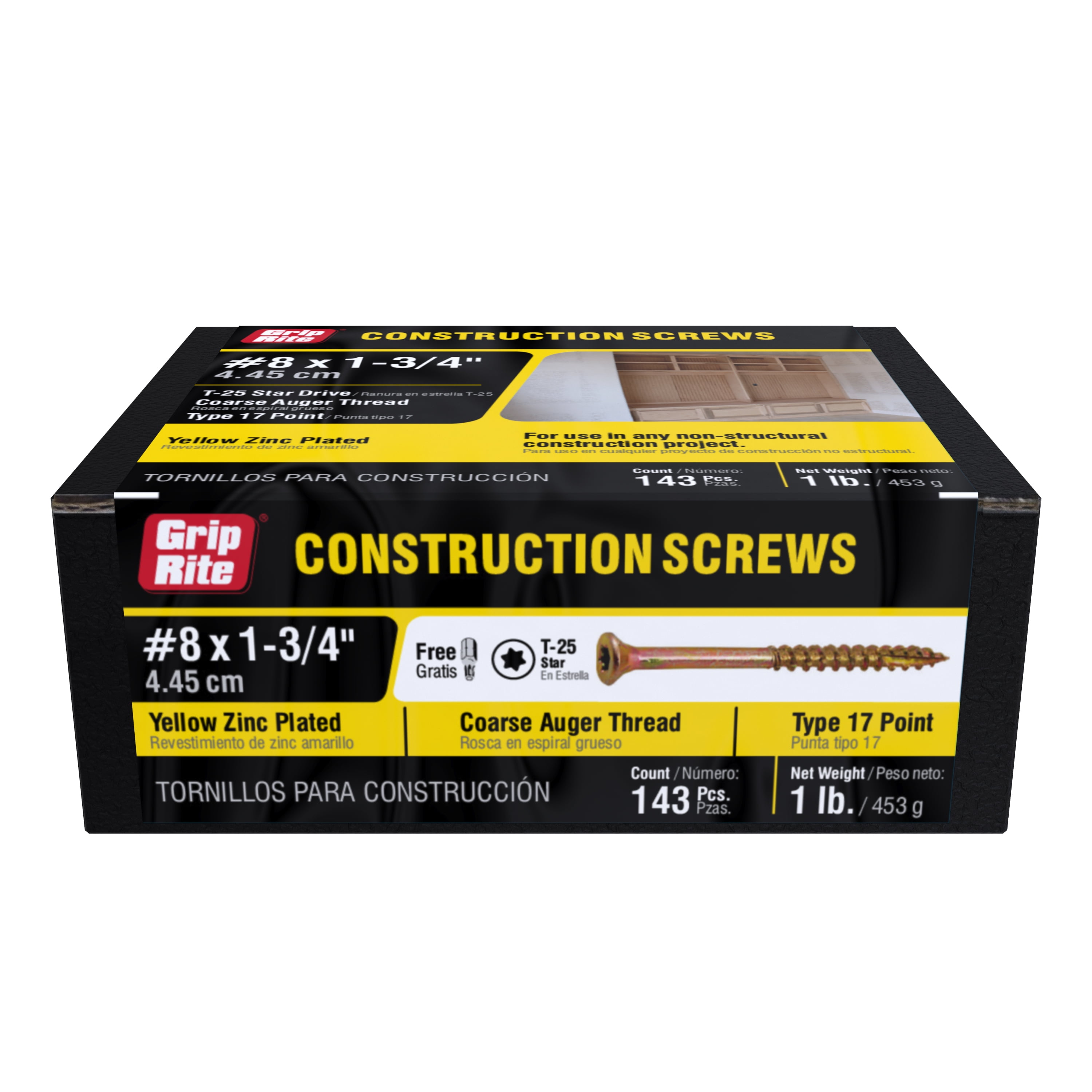 (2 pack) Grip-Rite #8 X 1-3/4 in. Star Drive Gold Construction Wood Screw 1 lb.