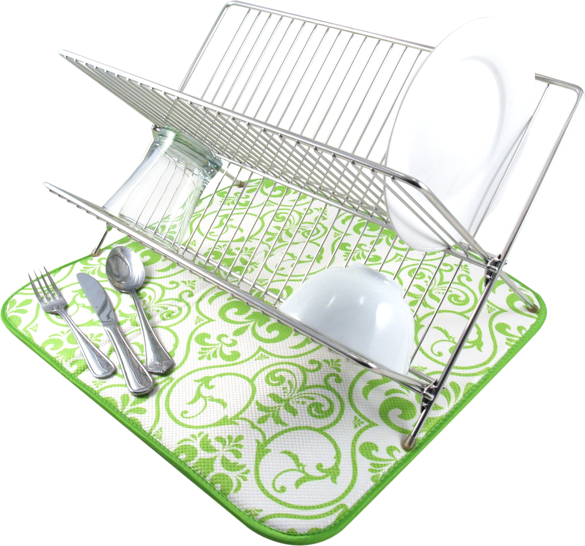 Envision Home Lime Green Damask Dish Drying Mat, 16 x 18 Inch