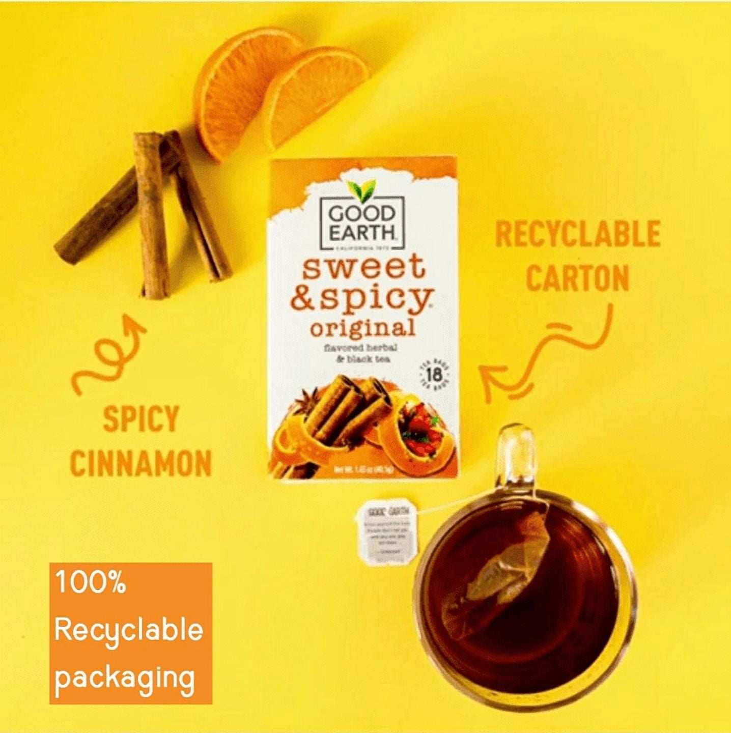 (3 pack) Good Earth, Sweet & Spicy, Herbal Black Tea, Tea Bags, 18 Count