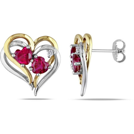2-1/3 Carat T.G.W. Created Ruby and Diamond-Accent Two-Tone Sterling Silver Double-Heart Earrings