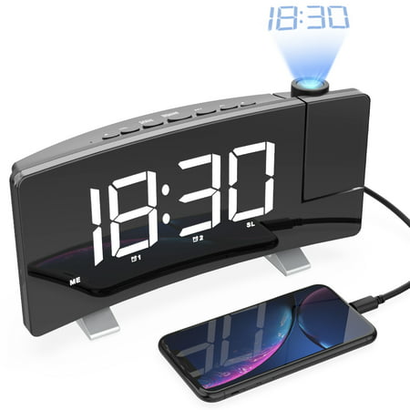 Projection Alarm Clock, 7'' Curved Screen Dimmable LED Digital FM Radio Clock, USB Phone Charger, 180° Projector Clock, Sleep Timer, Snooze, Dual Alarm, 12/24H - Bedroom Ceiling Wall Heavy (Best Alarm Clock App For Heavy Sleepers Android)
