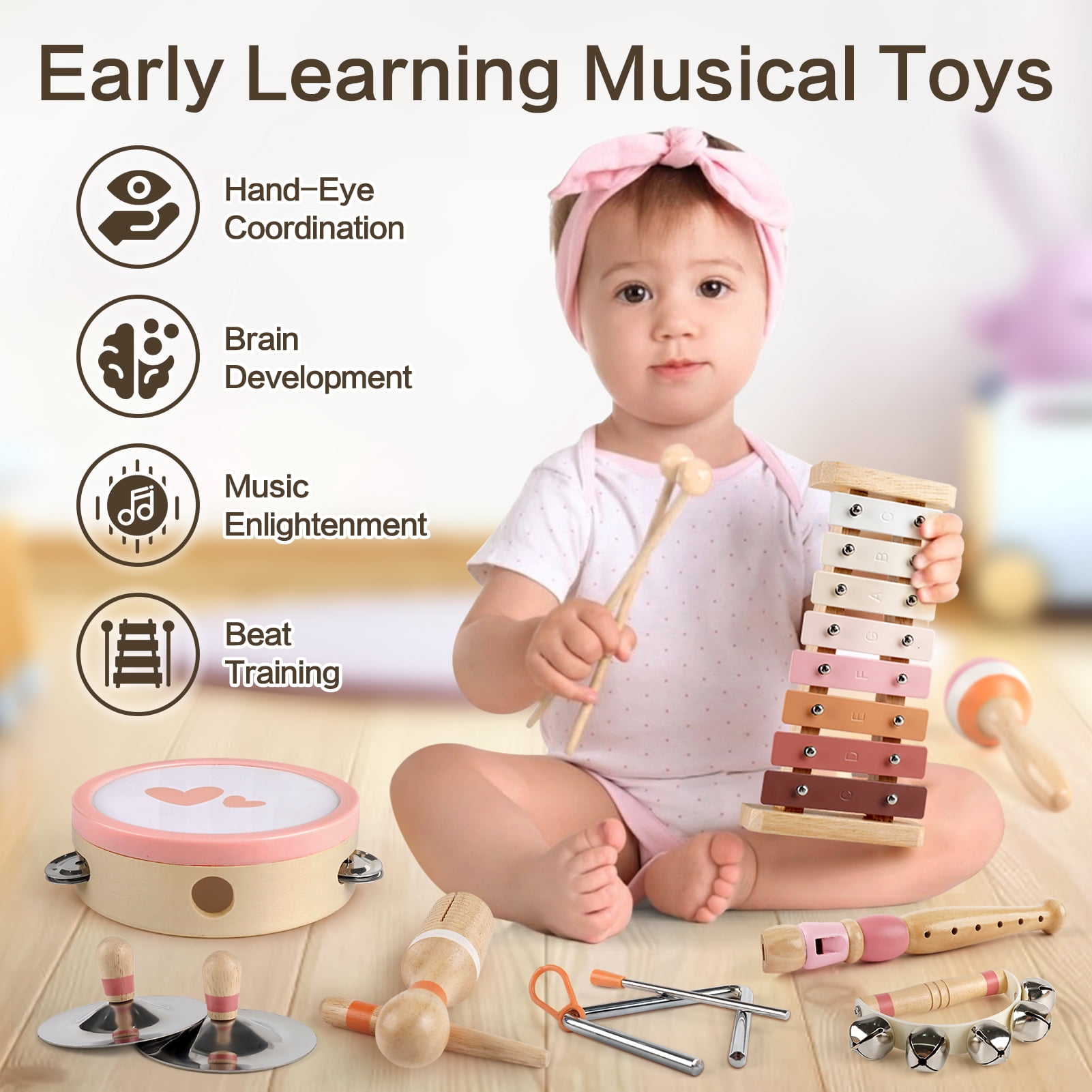 Vanplay Wooden Musical Instrument Set for Toddlers, 8-Piece with Xylophone and Drums