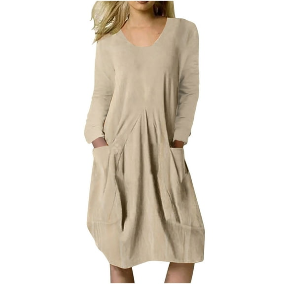 Fesfesfes Women Dress Spring And Fall Round Neck Cotton Linen Loose Casual Solid Color Long Sleeve Pocket Dress