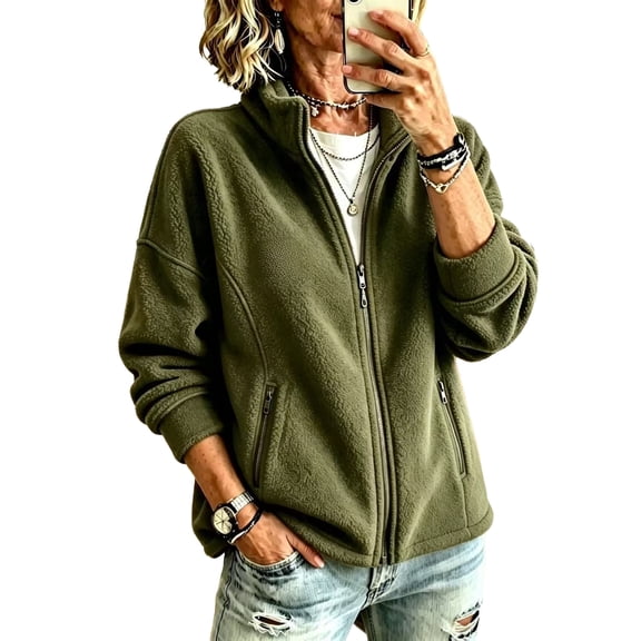 Sorvello Women's Lightweight Fleece Lined Jacket, Long Sleeve Casual Fall Outerwear With Pockets Army Green L