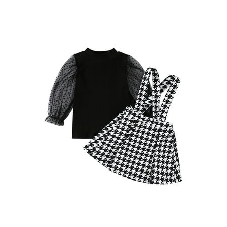 

Girl Sheer Puff Long Sleeve Pullover + Houndstooth Print Bib Dress