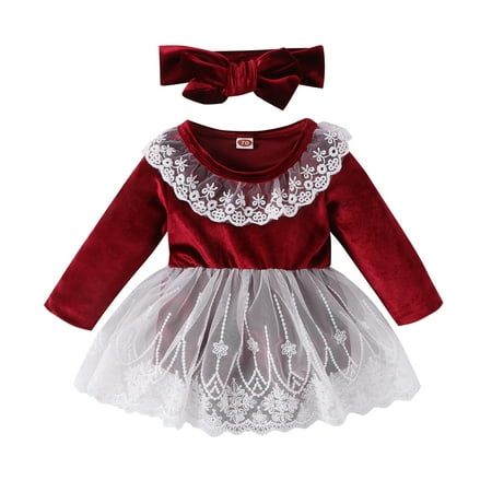 

Infant Girl Velvet Rompers Dress 6M 12M 18M 24M Christmas Clothes Patchwork Skirt Hem Jumpsuits Newborn Bodysuits with Headband