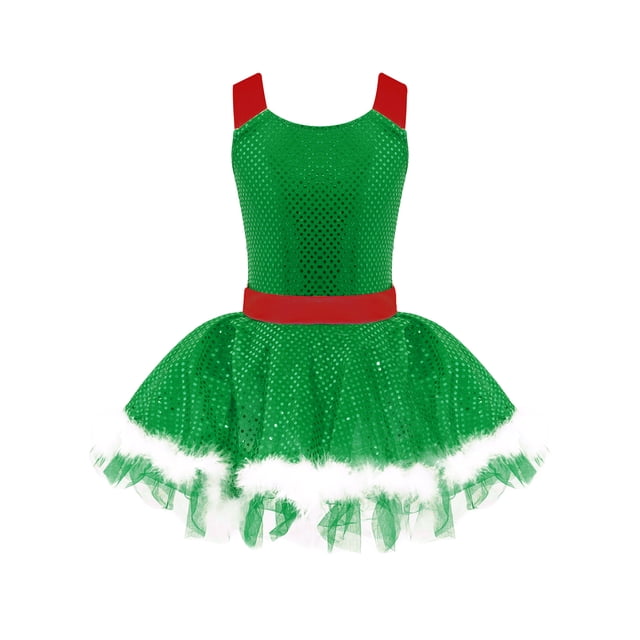 Sxiwei Robe Tutu de Danse Père Noël de Noël à Sequins Brillants pour Filles, Robe de Patinage sur Glace Verte 4