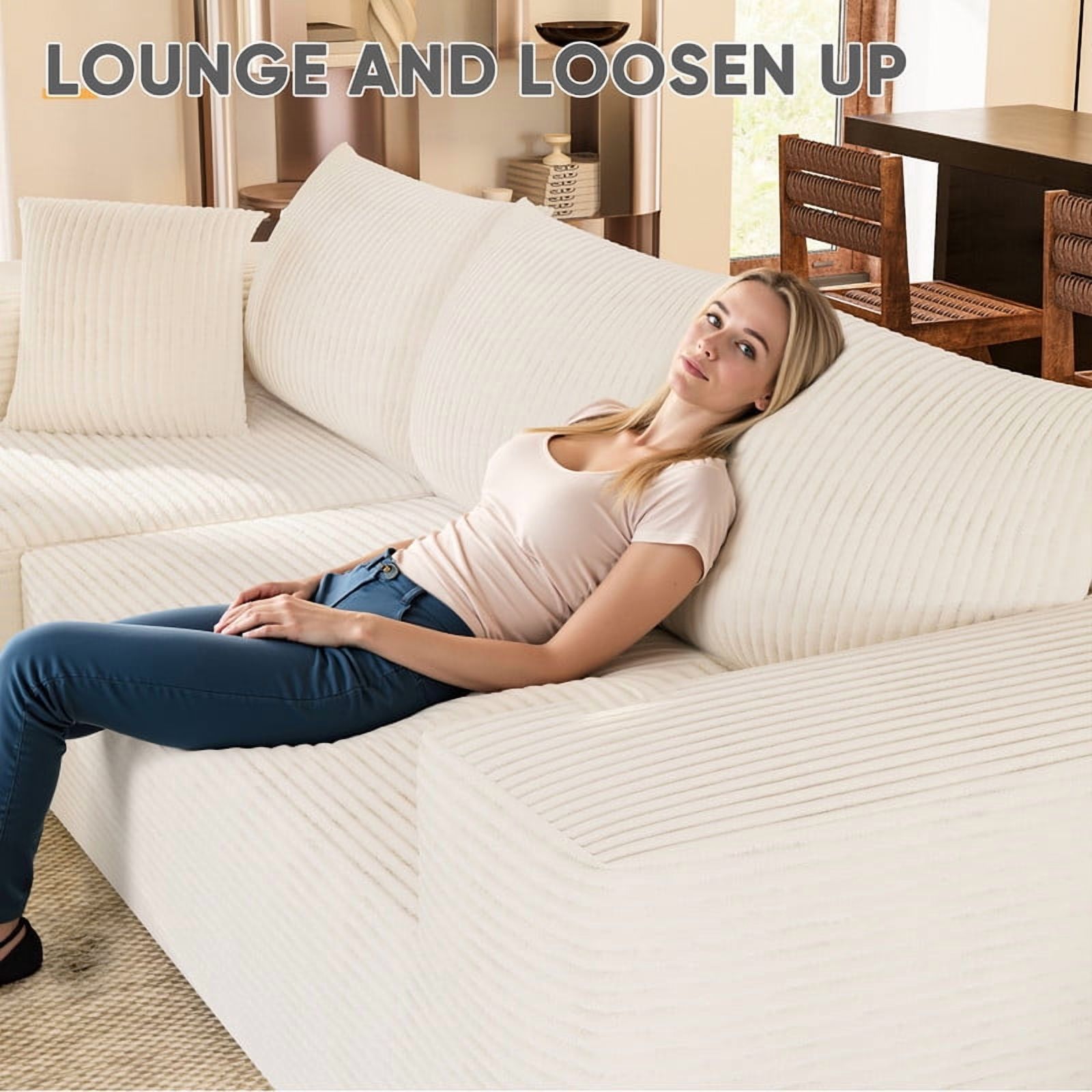 Furmax 108"  L-Shape Boneless Chaise Sectional Sofa Cloud Couch Sectional Corduroy Couch Set with Deep Seat for Living Room,Corduroy White