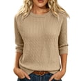 thumbnail image 2 of WULMLEO Women's Cable Knit Sweaters Crewneck Three Quarter Sleeve Soft Pullover Tops Camel XL, 2 of 6