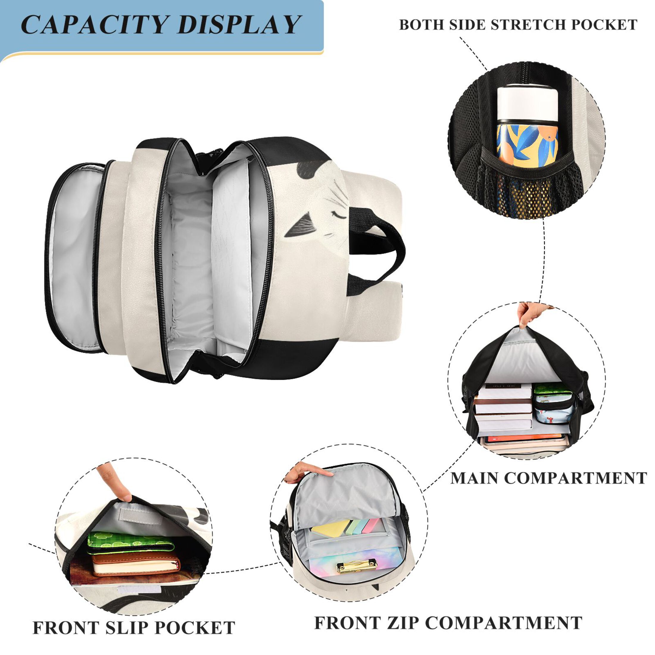 Backpack 12.9 *5.1 * 17.7 Inches Outing Backpack, Shopping Backpack, Travel Backpack Black Cat and White Cat