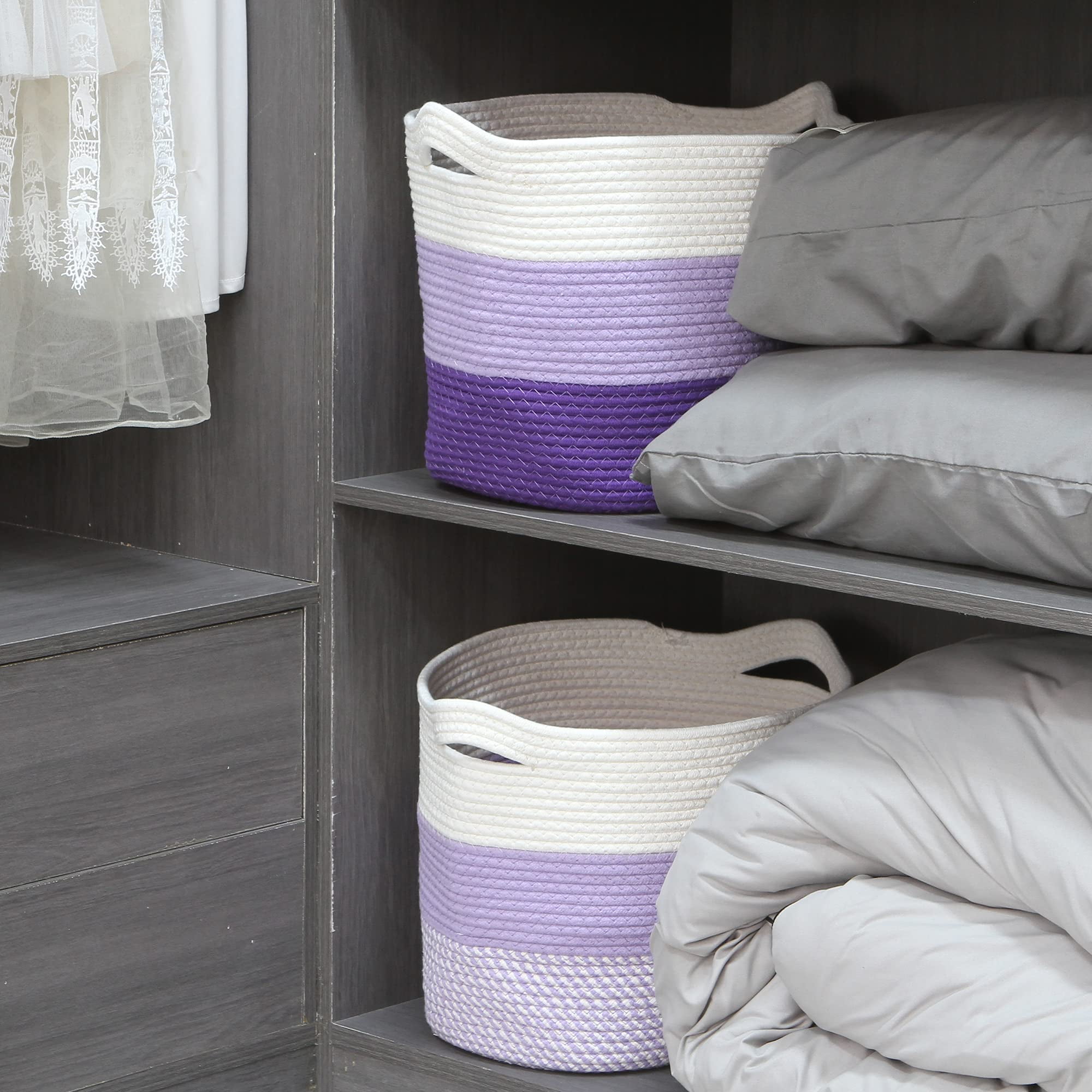 Sea Team Oval Cotton Rope Woven Storage Basket with Handles, 16 x 13 inches, White & Lavender