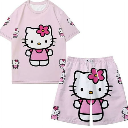 

5XL Size Sanrios Hello Kitty Pajamas Summer Beach Shorts Hello Kitty Kuromi Anime Cartoon Kawaii Japanese Short Sleeve Clothes