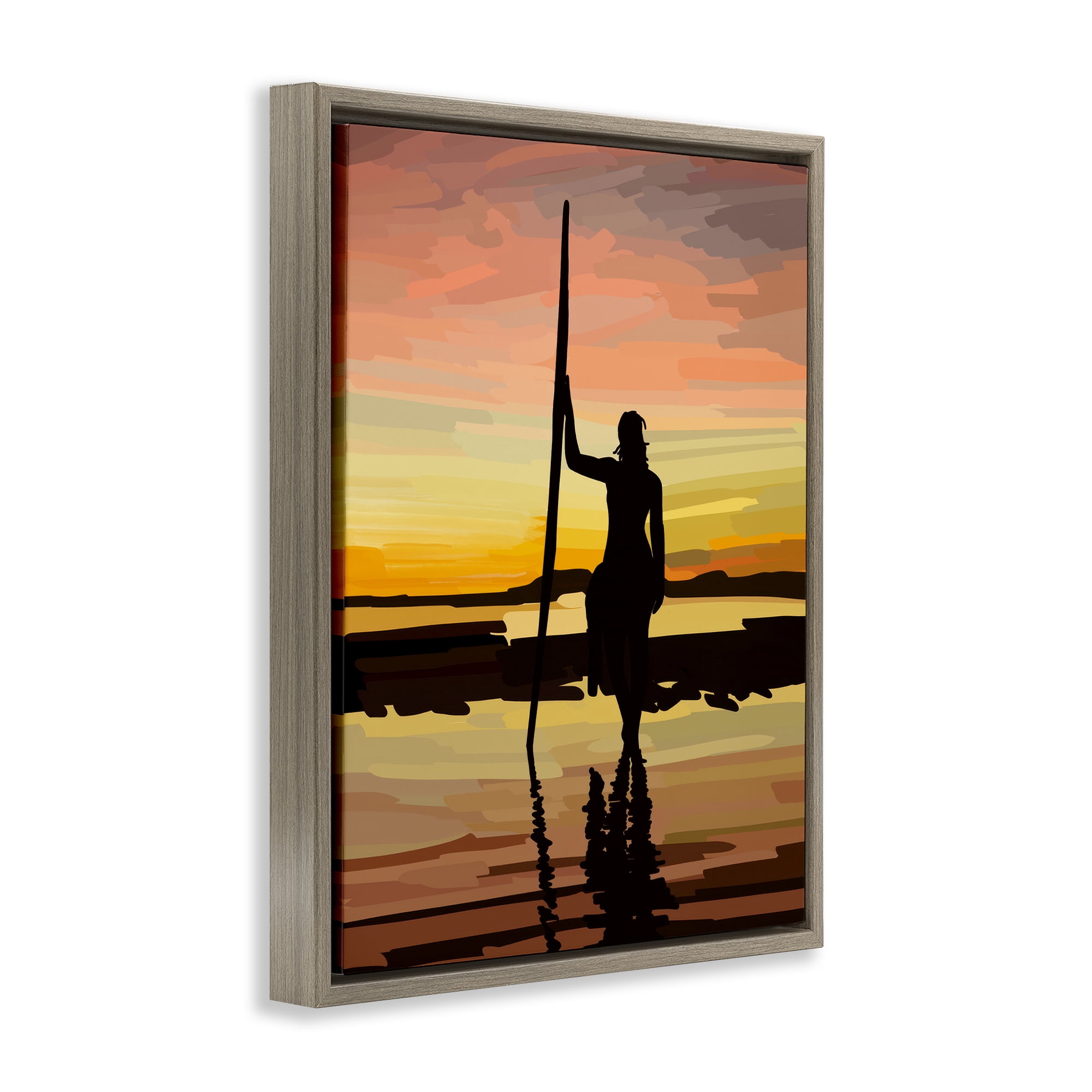 Stupell Industries Sunset Surfer Silhouette Nautical & Beach Painting Brown Floater Framed Canvas Art Print Wall Art, 25 x 31