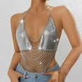 thumbnail image 2 of JGGSPWM Silver Sequin Tassel Tank Tops Chain Halter Party Camisole Rhinestone Backless Crop Top Silver Free Size, 2 of 9