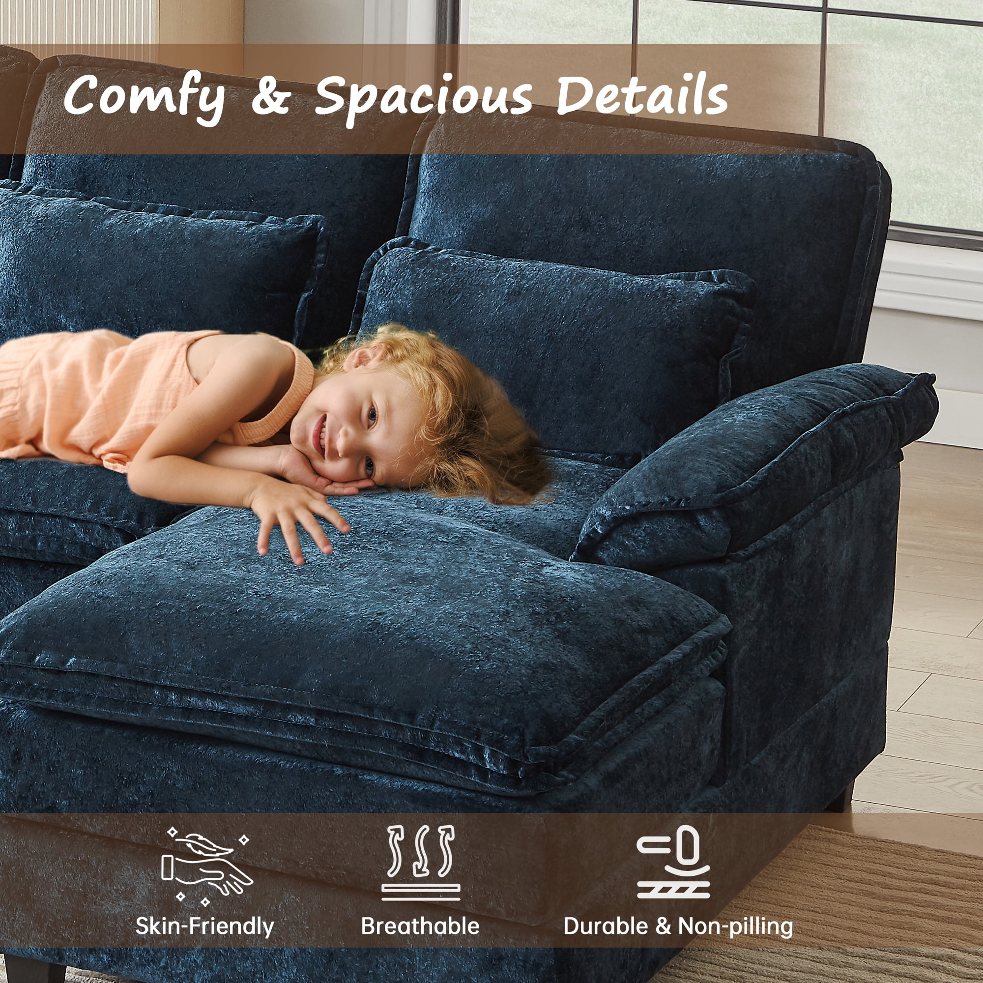 Pingliang Home Oversized Sectional Sofa U Shaped Couch 4 Seat with 4 Waist Pillows,Chenille Upholstery Symmetrical Sleeper Sofa Cloud Couch with Double Chaise Lounge for Living Room Apartment Office