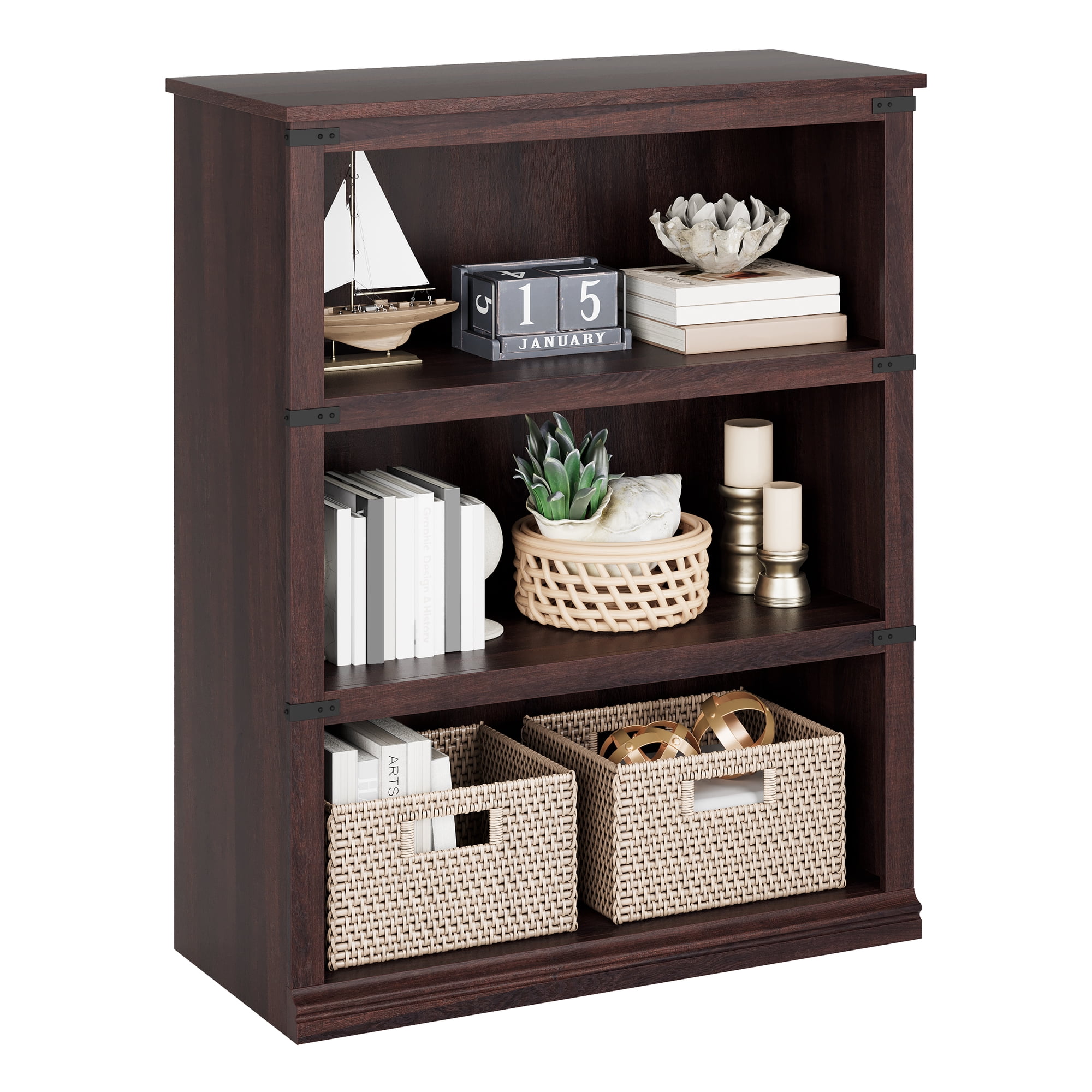 Towallmark 40in 3 Tier Bookshelf, Small Bookcase Shelf Storage Organizer, Farmhouse Book Shelf for Bedroom, Living Room and Home Office, Cherry