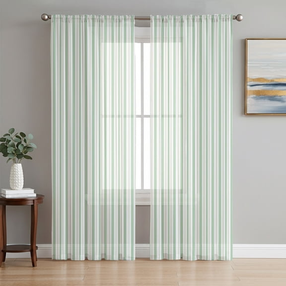 Green Striped Sheer Curtains 72 Inches Long, Farmhouse Vintage Green Stripes Light Filtering Window Curtains for Living Room/Bedroom, Rod Pocket Voile Sheer Curtain Drapes, 52"W x 72"L, 2 Panels