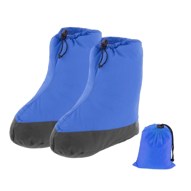 Botines de plumas, calcetines cálidos, botines de camping, funda para calentar los pies con bolsa de almacenamiento, calzado para acampar, senderismo, M azul