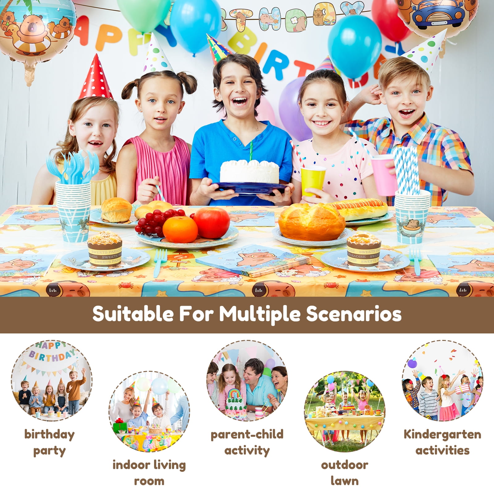 pluokvzr 185pcs Capybara Birthday Decorations Tableware Set Cute Animal Theme Birthday Decor with Banner Balloons Plates for Party Baby Shower