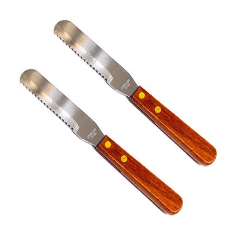Set of 2 Serrated Spread Knives, Stainless Steel Blade, Wood Handle