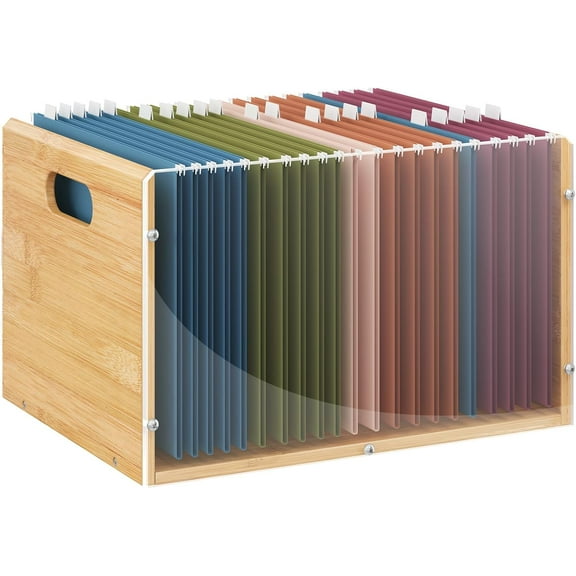 Letter/Legal Bamboo Acrylic File Box Organizer, Hanging File Folder Storage Boxes, Decorative Document Crate Transparent Filing Bin with Handle for Home Office Desk
