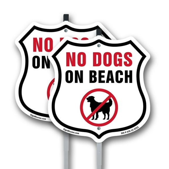 No Dogs on Beach (2 Pack) 12 inch X 12 inch Shield Shaped Commercial Grade Plastic Signs with Aluminum Mounting Stakes Weather Resistant Made in the USA