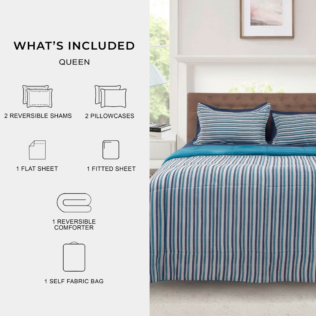 Mainstays All in One Reversible Comforter and Sheet Set- 7 Piece, King, Blue Pinstripe
