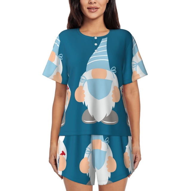 Xecao Nurse Doctor Gnomes Pattern Women's Short Sleeve Pajama Set Soft Sleepwear Lounge Set with Button Front Top and Drawstring Shorts with Pockets-Small