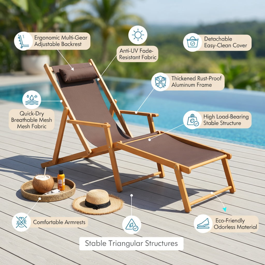 Hommoo Foldable Birch Wood Chaise Lounge Chair with Adjustable Canopy, Outdoor Beach Chair for Patio, Poolside & Garden, Brown