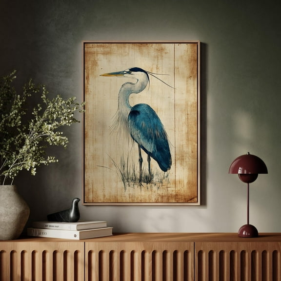Blue Heron, Rustic Coastal Bird Decor, Vintage-Inspired Nature Artwork Wall Art, Modern Wall Decor, 8x12 UNFRAMED