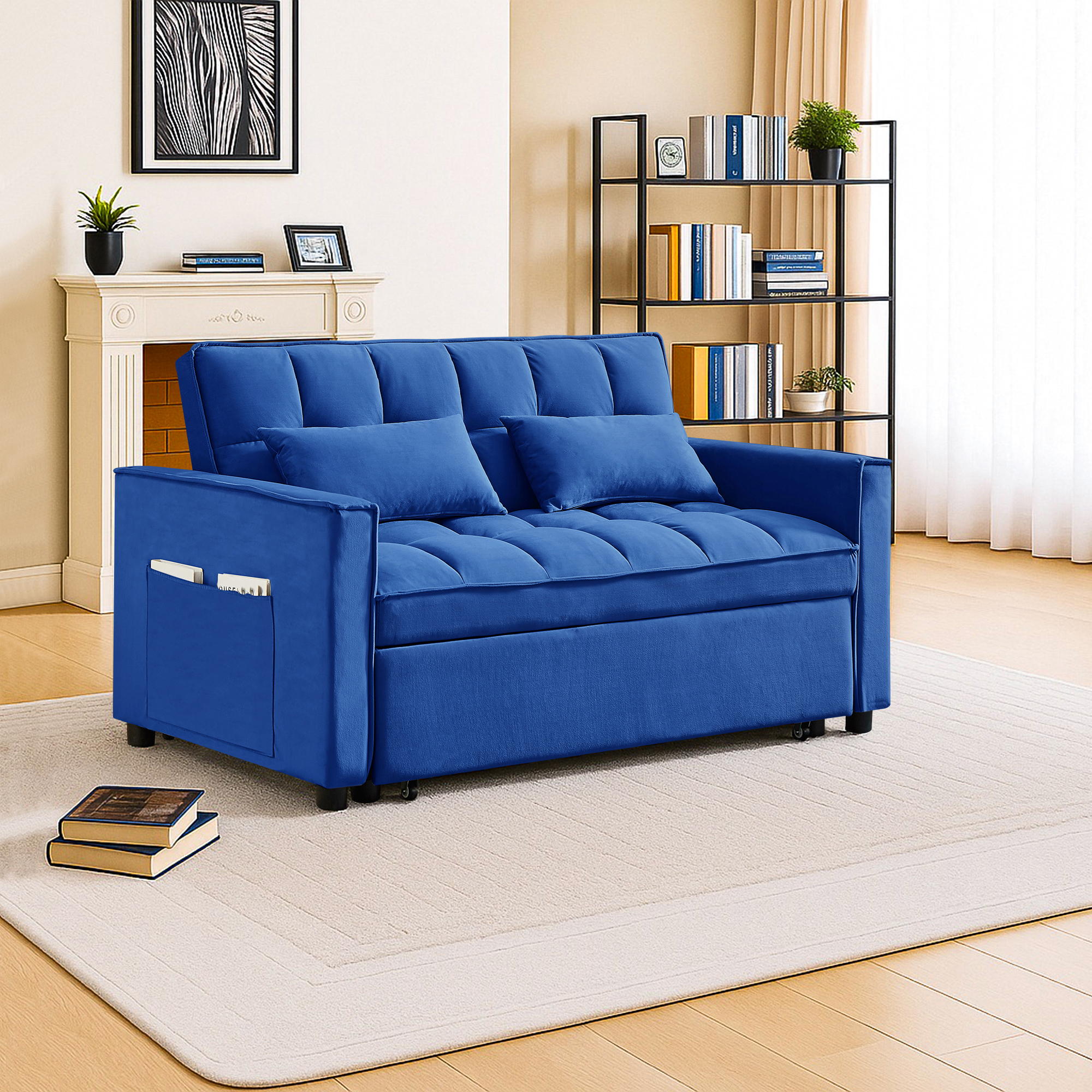Kadyn Futon Sofa Bed, 54" Adjustable Backrest Convertible Futon Sofa for Living Room, Futon Sleeper Sofa with Side Pouch, Blue