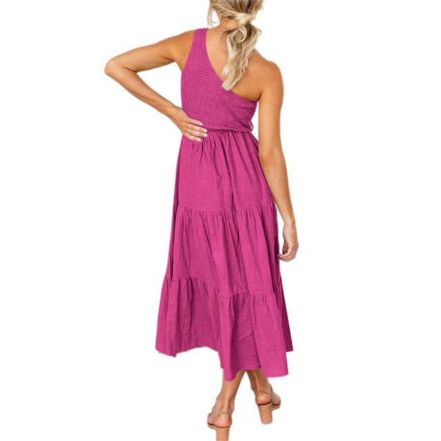 VONKY Robe Longue Femme Décontractée Plissée Midi Robe d'Été Fête Danse Plage Vacances Bureau Mode Adolescents Vêtements d'Été Blanc S Rose Rouge m
