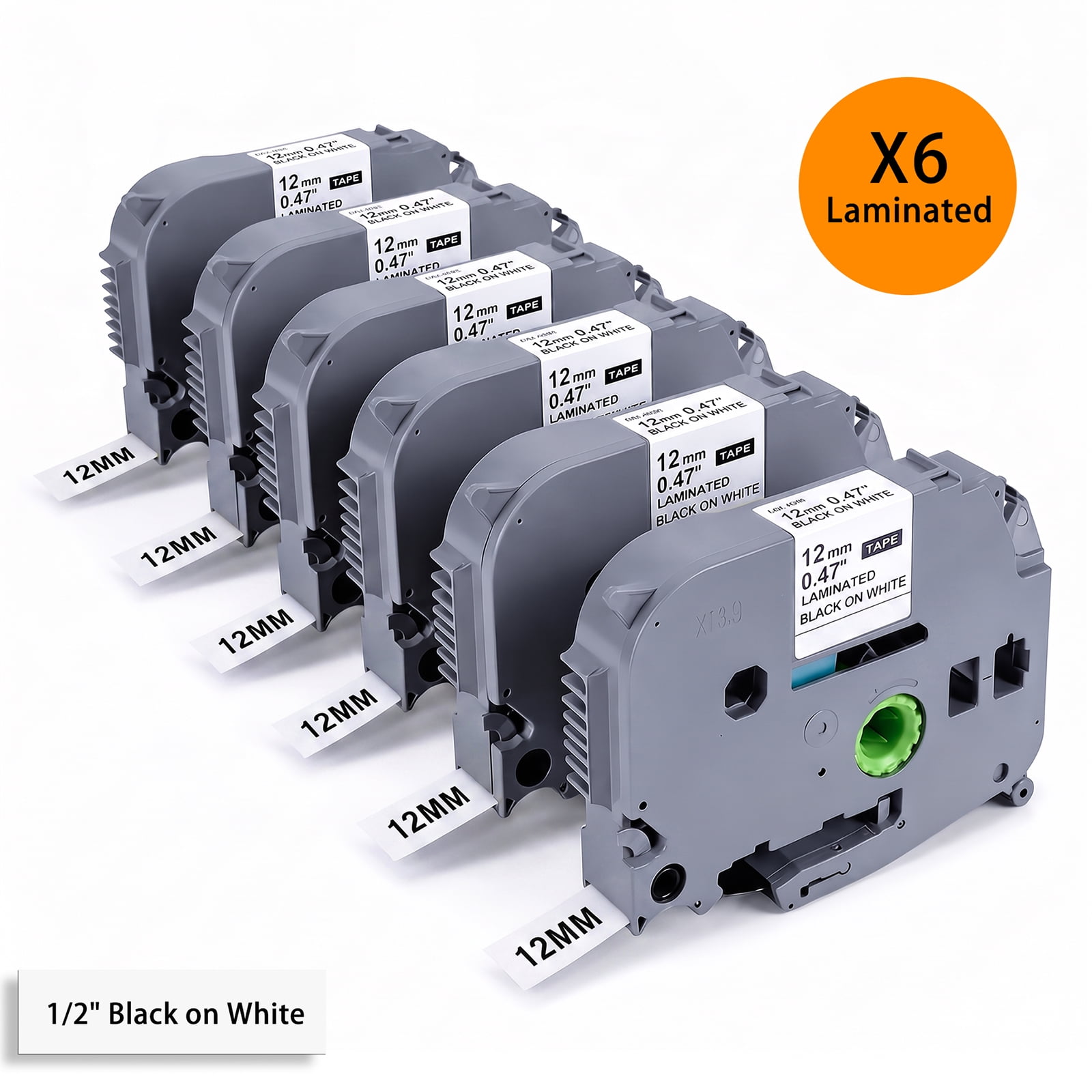 Rongta Laminated Label Maker Tape for TD210 and TH110 Label Makers, 12mm (0.47 in) Black-on-White Label Tape, 8m Each, 6-Pack
