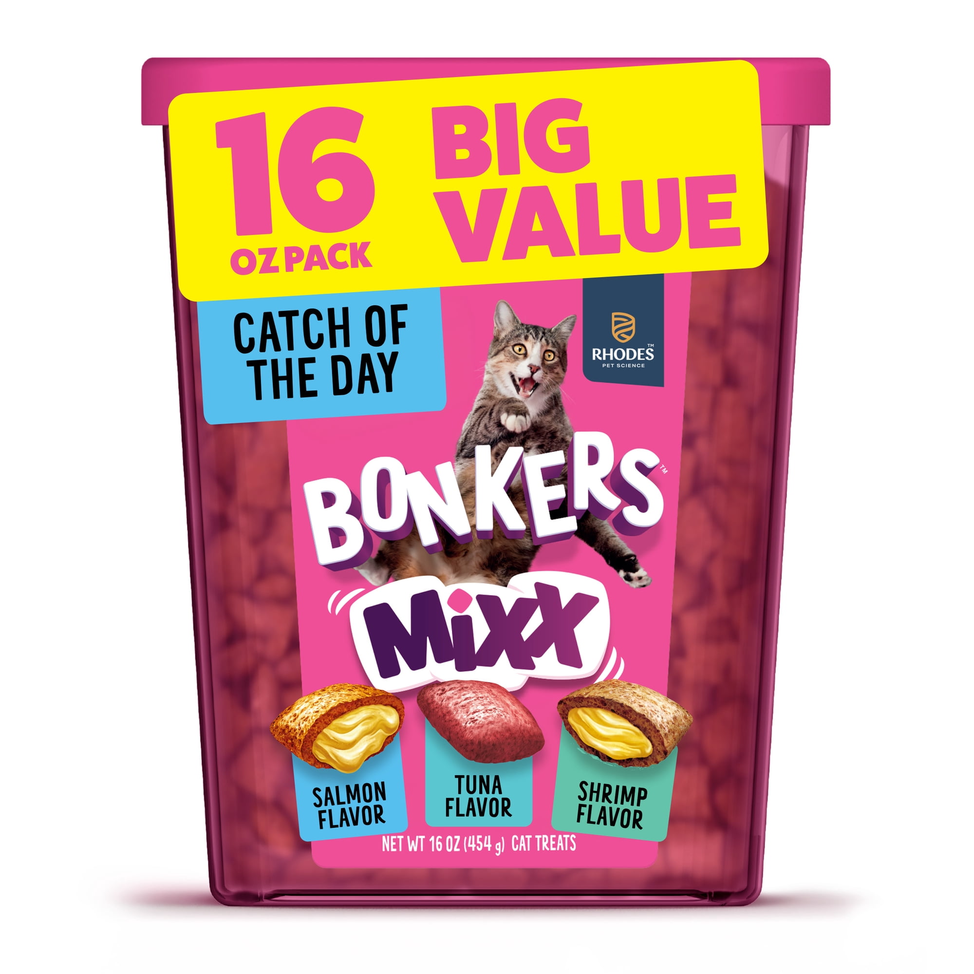 BONKERS Mixx Crunchy Cat Treats Catch of the Day Variety Pack Salmon, Tuna, and Shrimp Flavors 16 oz Value Tub