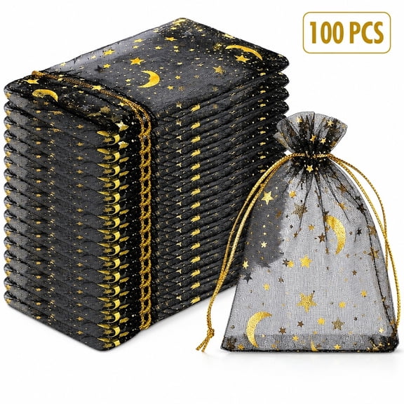 Tulle Bags for Gifts, 100 Pack Organza Mesh Bags 3.5 x 4.7 Inch with Gold Star Moon Print, Jewelry Candy Favor Bags, Black