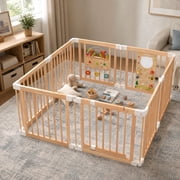 Jolie Vallee Wooden Playpen for Baby & Toddlers, Baby Fence Play Area with Activity Panels, Foldable Indoor Baby Gate Playpen for Safe Play Space