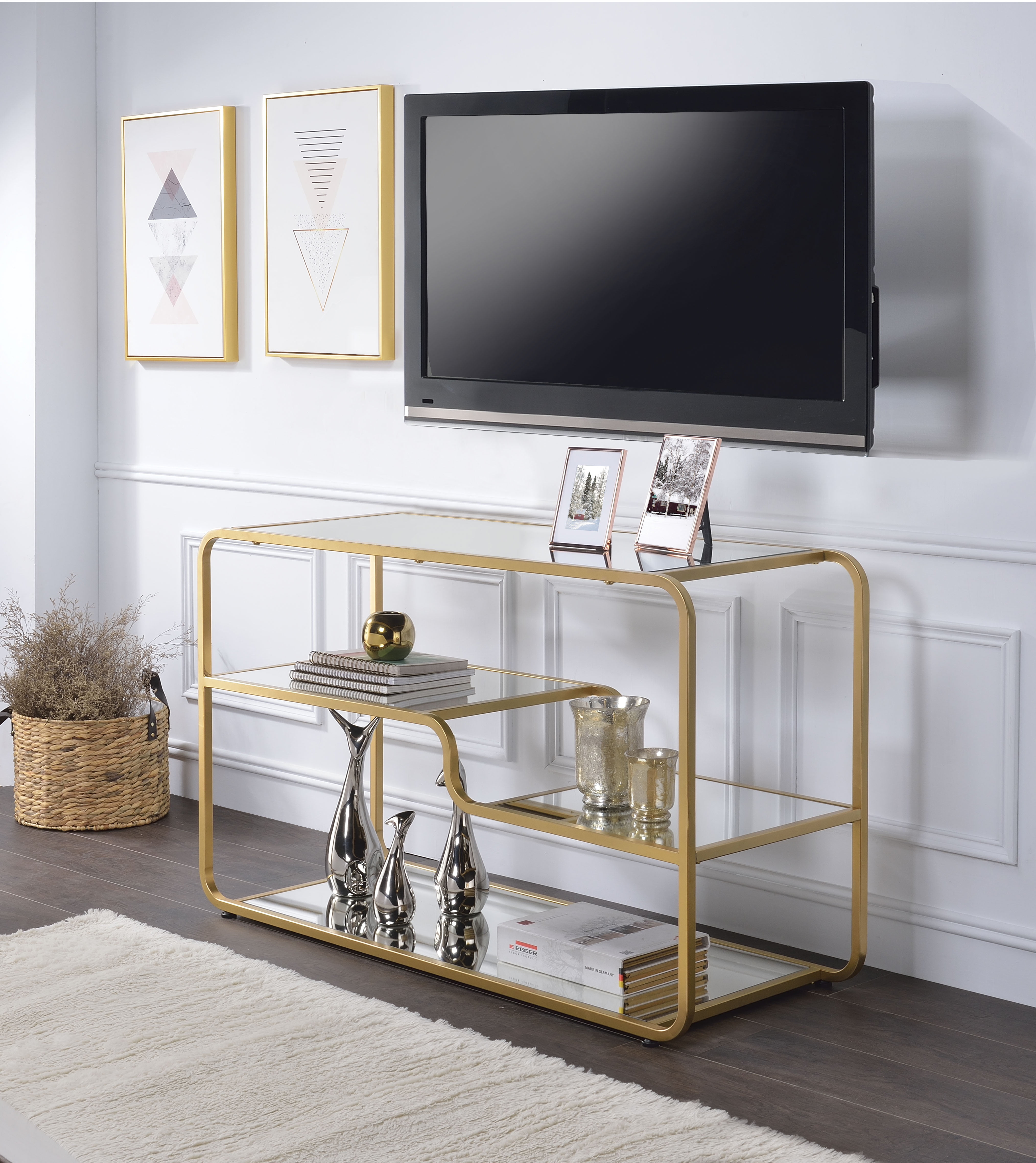 Benzara Modern Metal Framed TV Stand with Mirrored Open Compartments