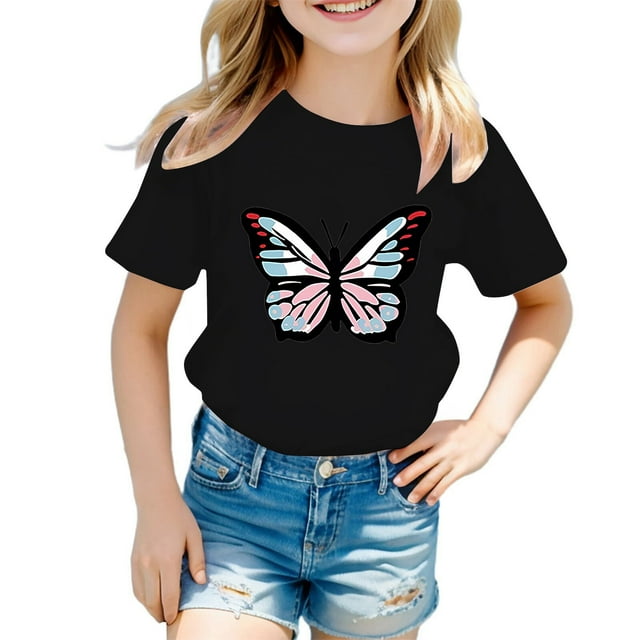 LUOGENLI T-Shirt pour Filles Enfants Filles Mignon Imprimé Graphique Col Rond Manches Courtes T-Shirt d'Été Décontracté T-Shirts pour Filles Noir 7-8 Ans
