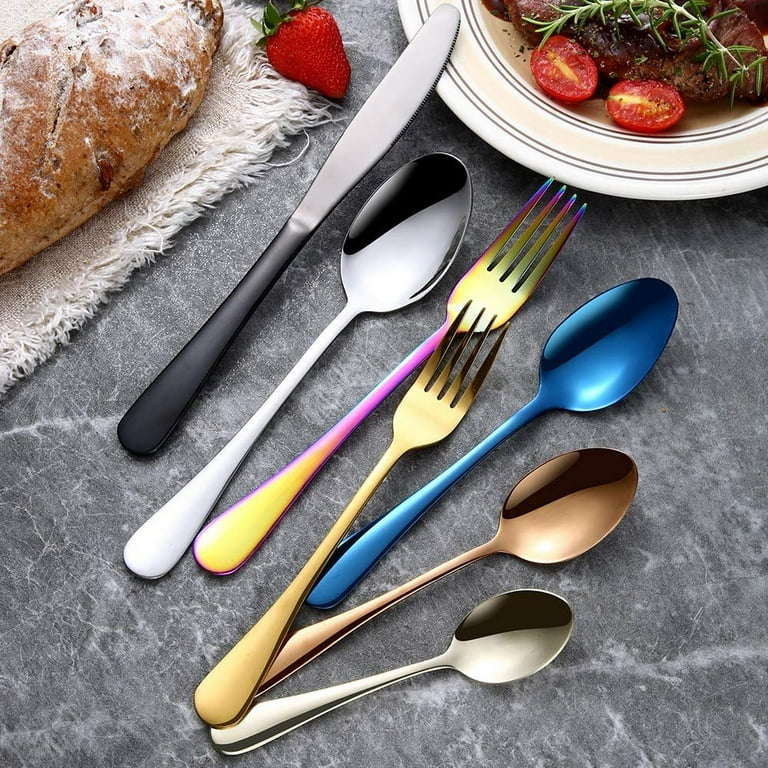 Outline Rainbow cutlery, small fork knife and spoon & big items.